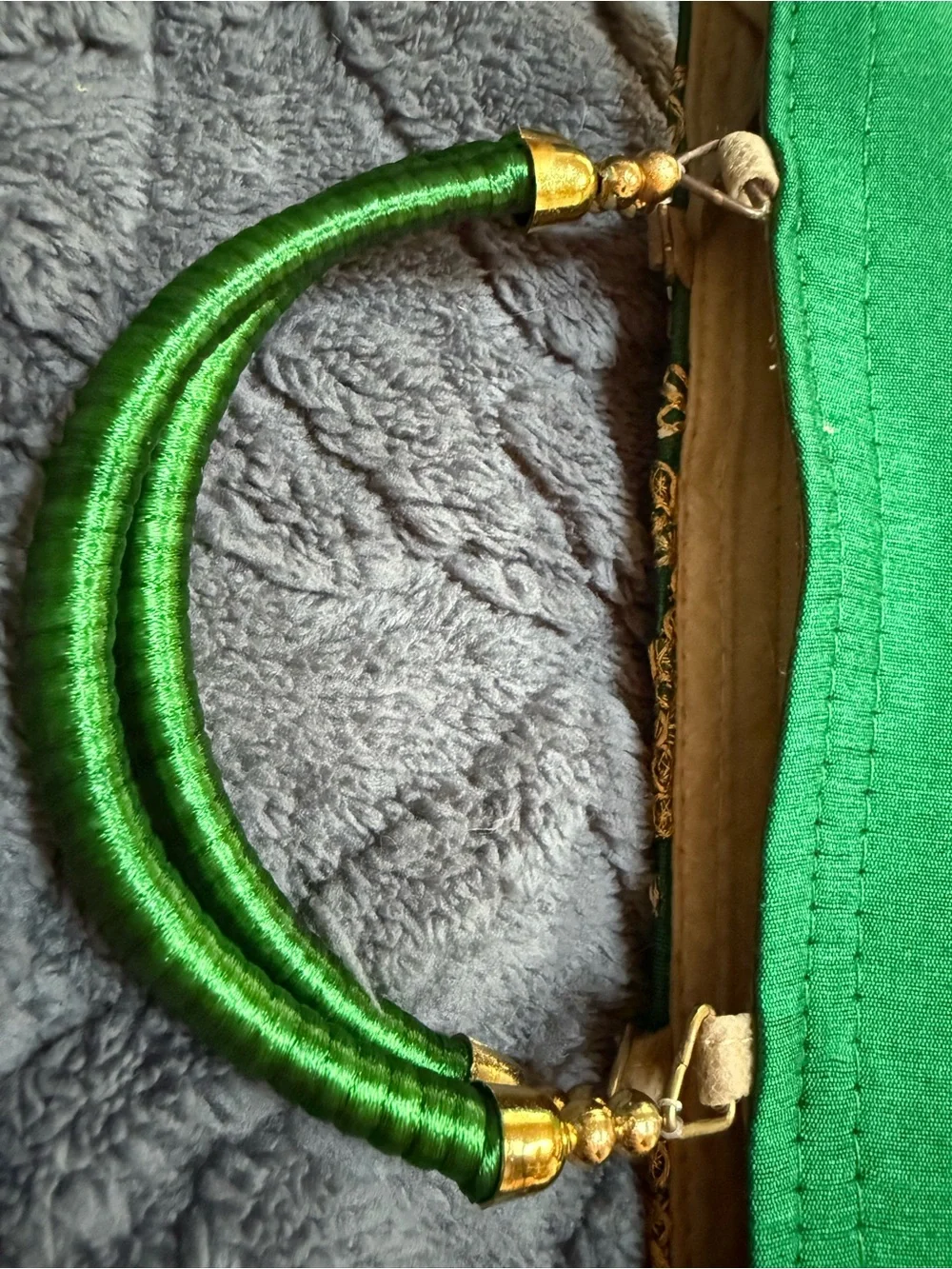 Green Embroidered Evening Bag with Gold Accents 7 x 9”
